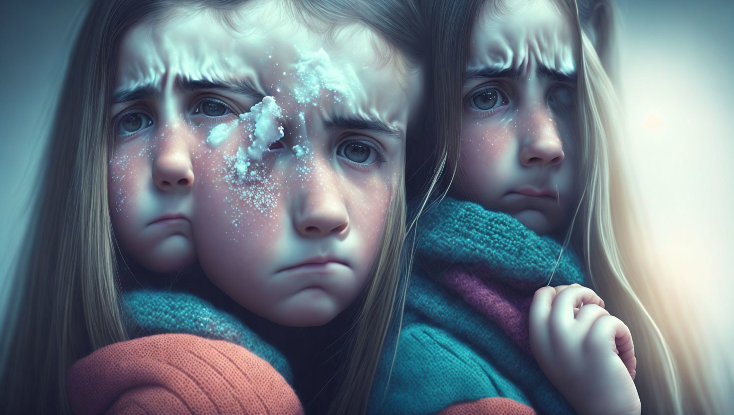 Digital artwork featuring twin girls with somber expressions, one with snow, both in sweaters and scar