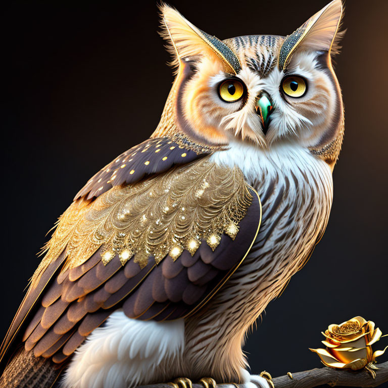 Digital Art: Owl with Gold-Patterned Feathers Perched on Branch with Golden Rose