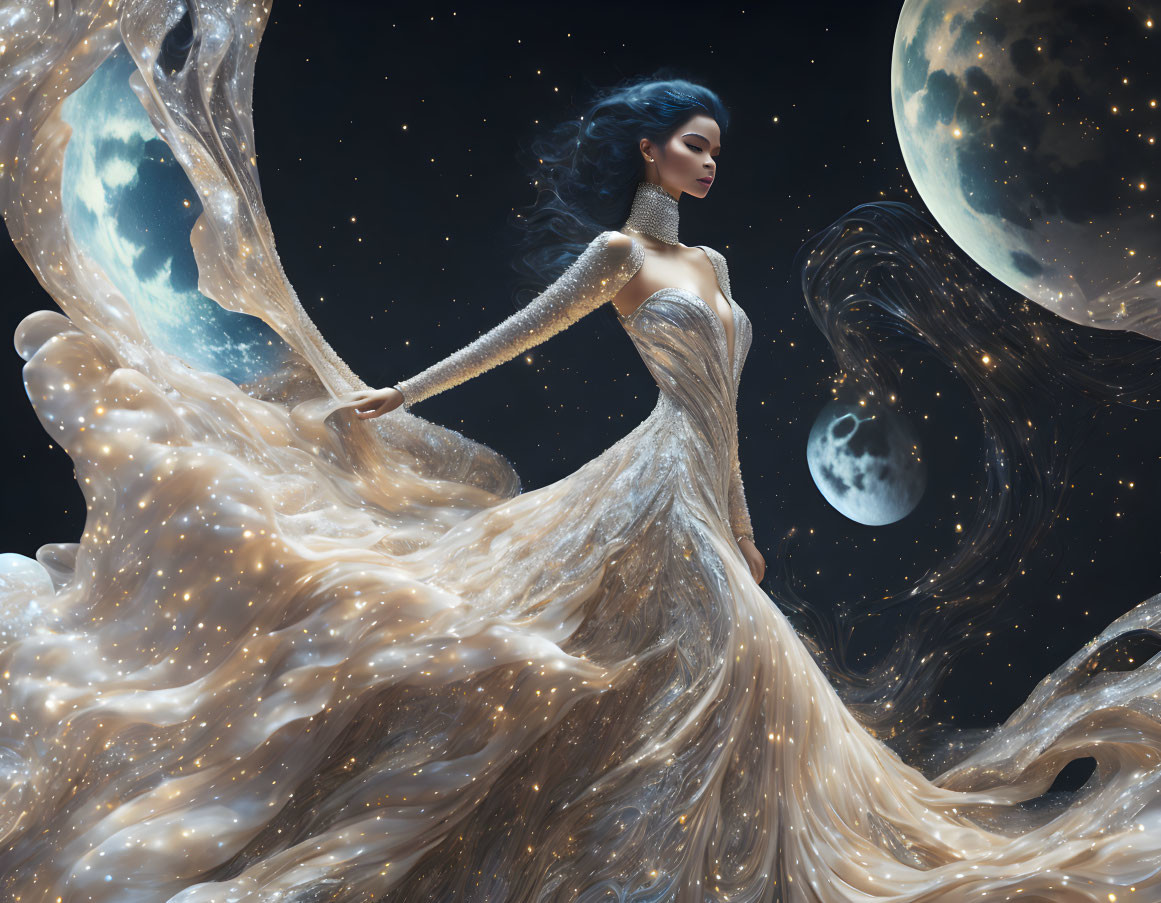 Celestial gown woman surrounded by planets and stars