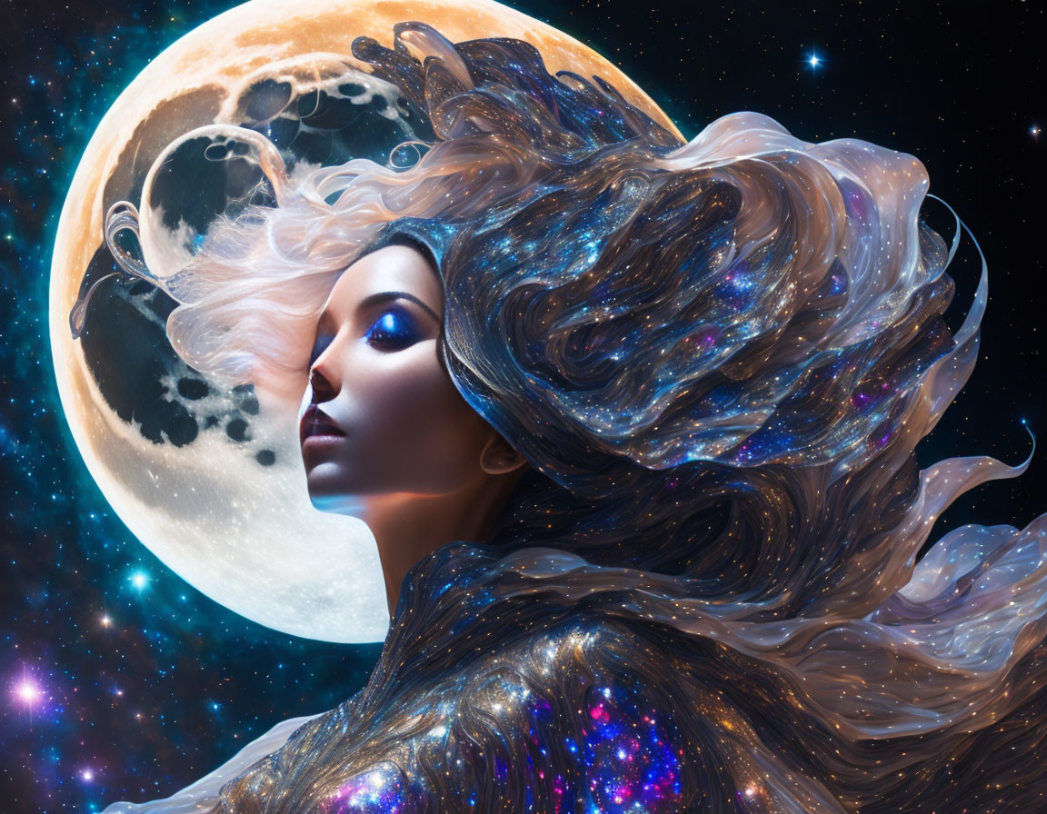 Surreal portrait of woman with cosmic hair under moon and starry sky