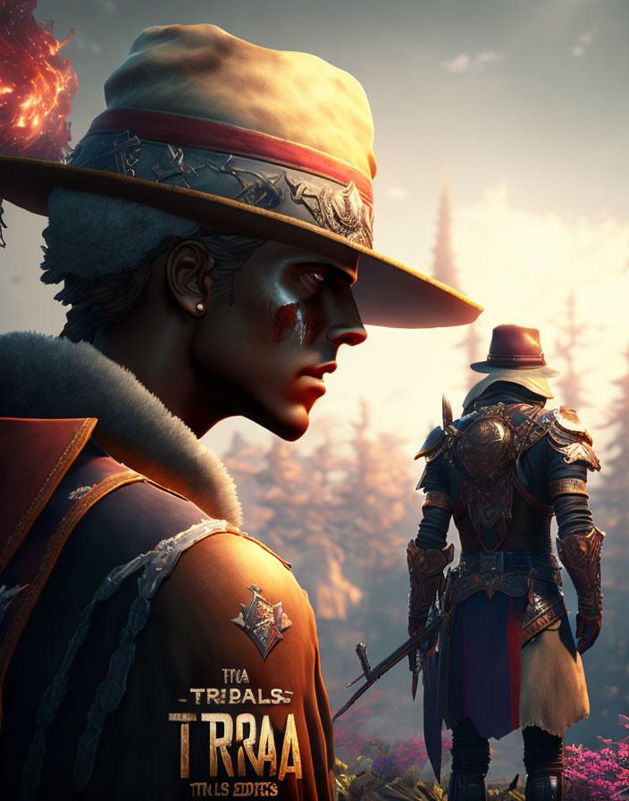 Characters in forest at sunset: one with hat and warpaint in foreground, another in armor in background