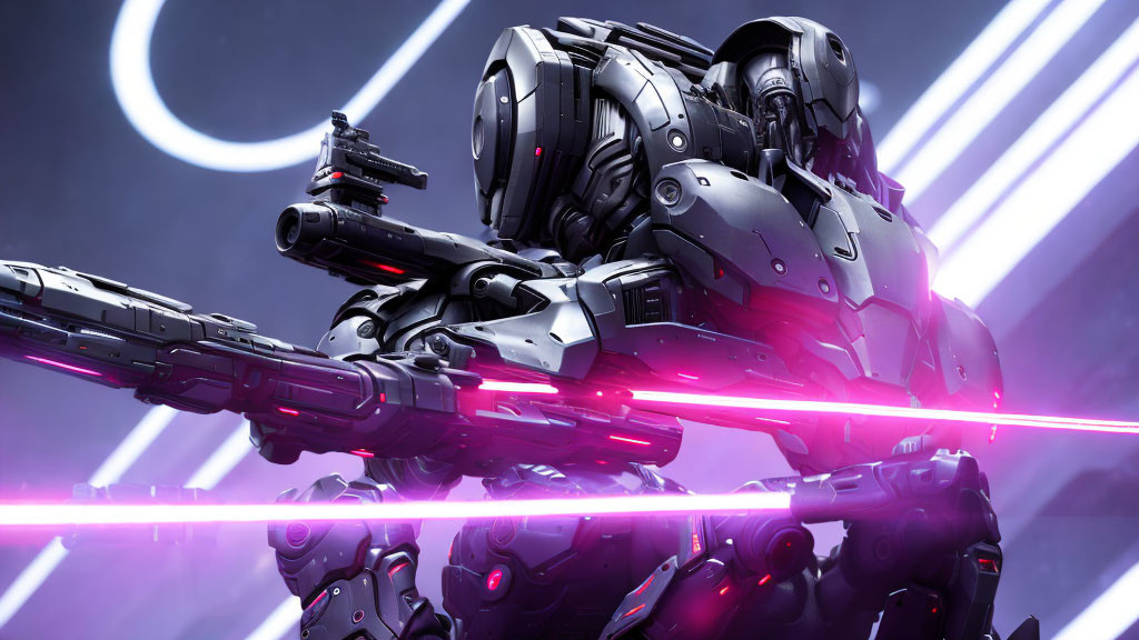 Armored robot with gun arm in neon-lit futuristic scene under crescent moon