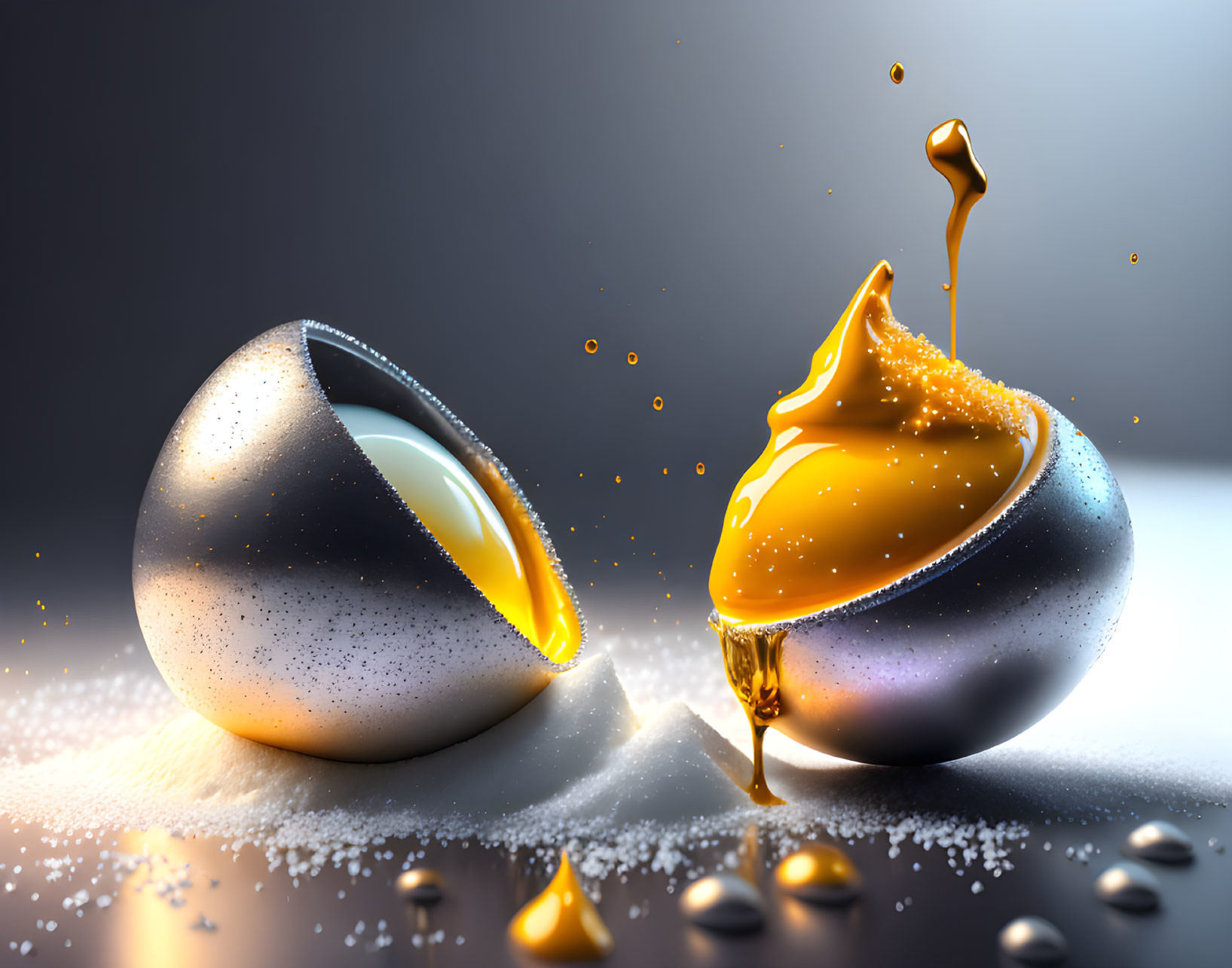 Glossy egg-shaped objects split open with golden liquid against dark background