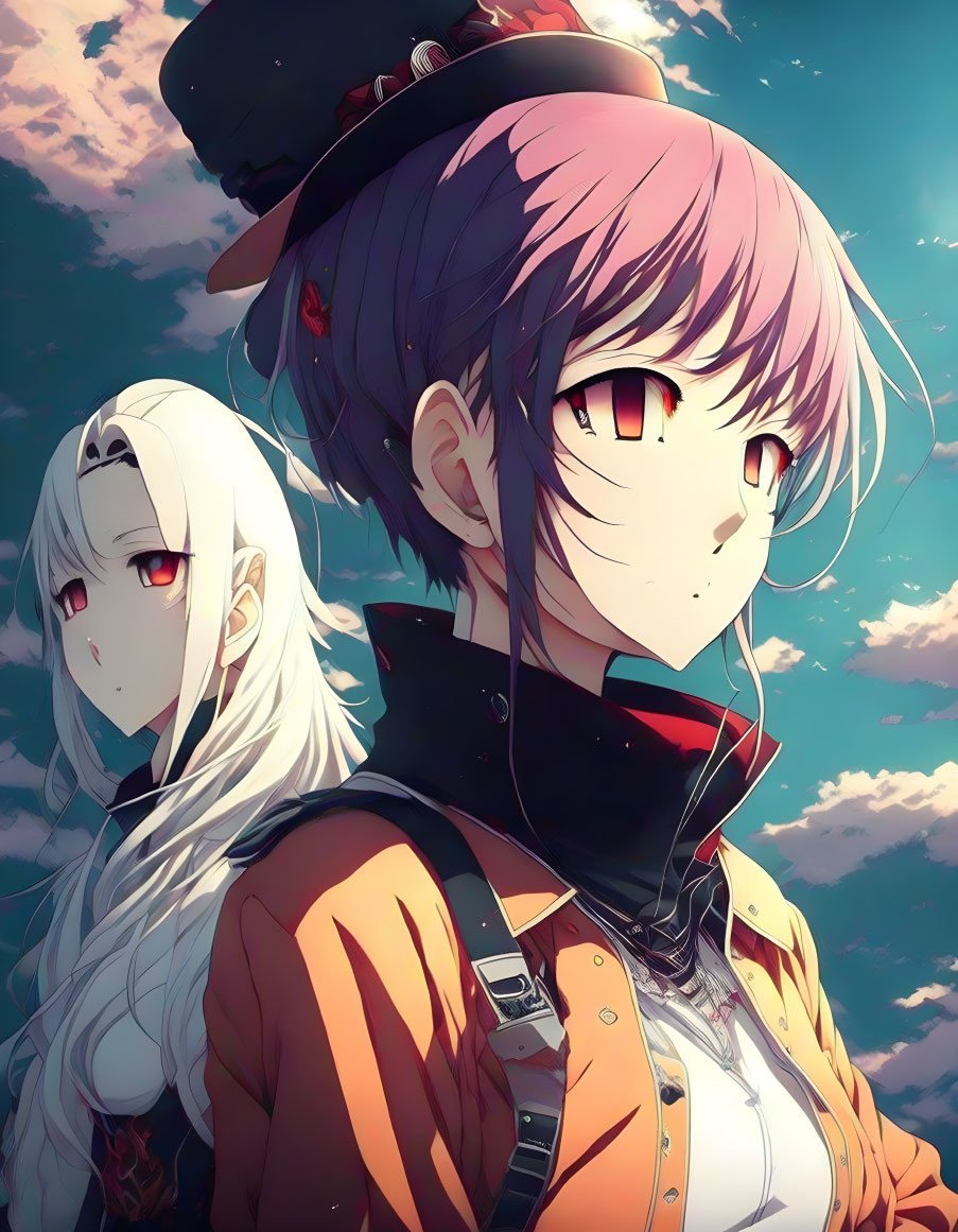 Anime-style female characters with pink and white hair under a cloudy sky