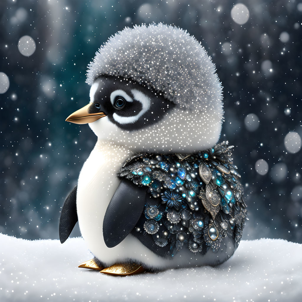 Baby penguin illustration with sparkling feathers in snowy scene