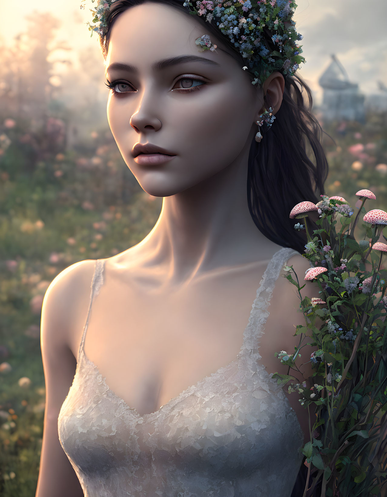 Digital Artwork: Woman with Floral Crown in Sunlit Field with Castle