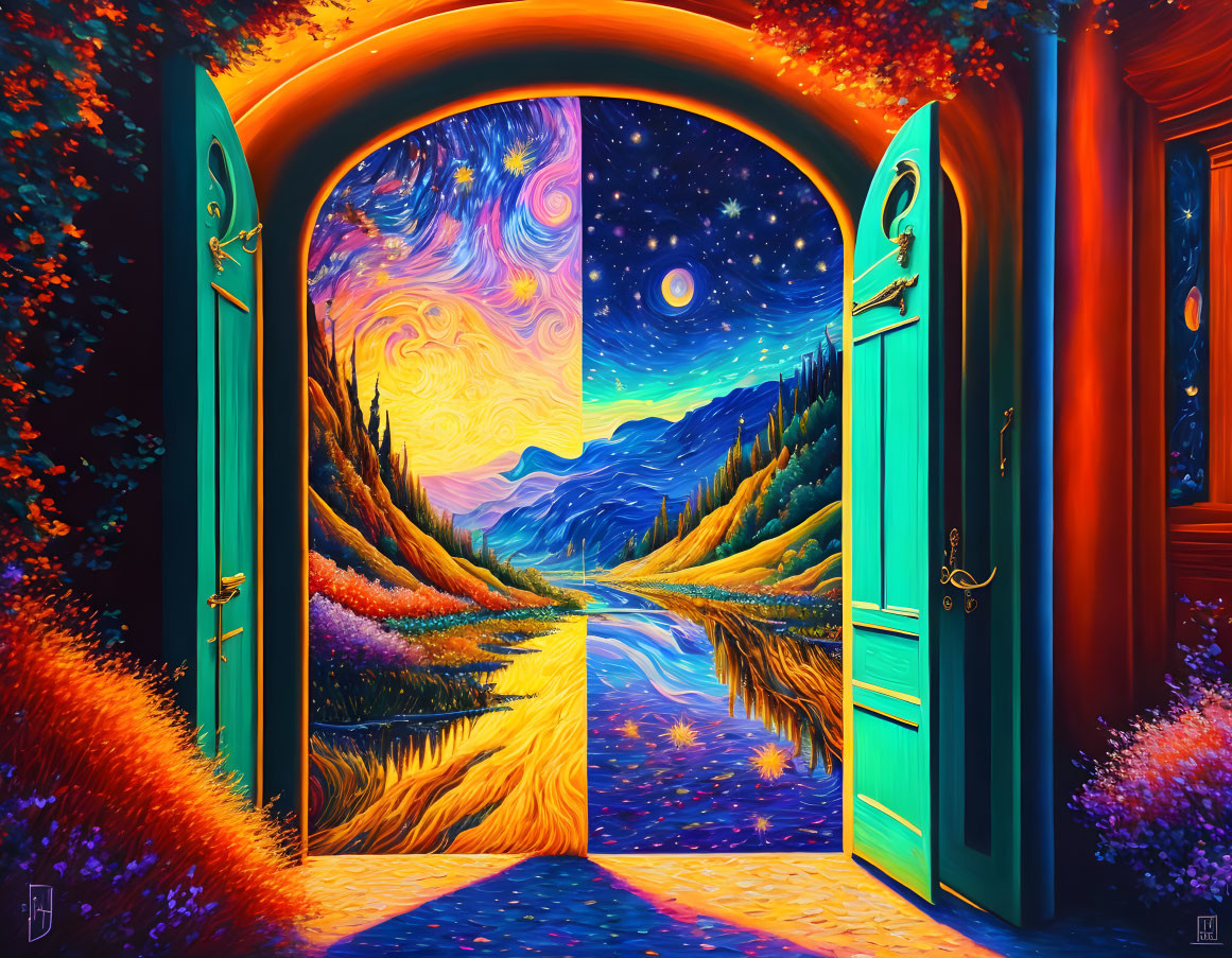 Colorful painting of open doorway leading to surreal landscape