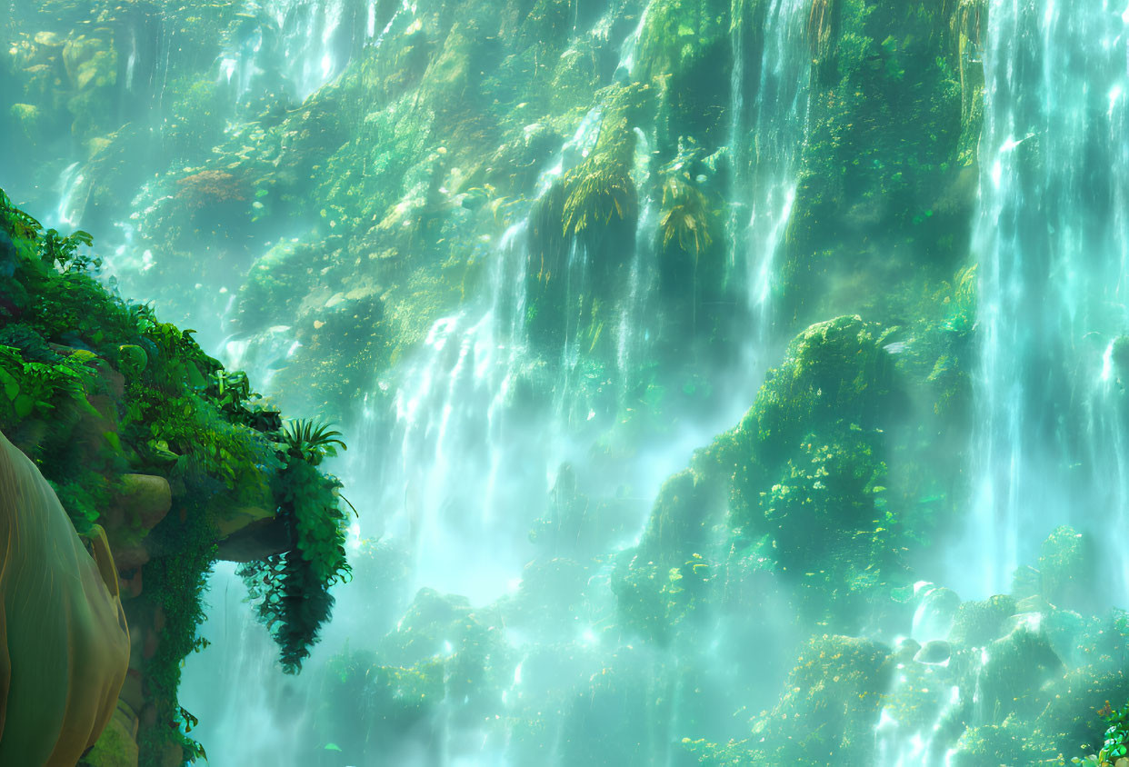 Mystical waterfall in lush forest setting