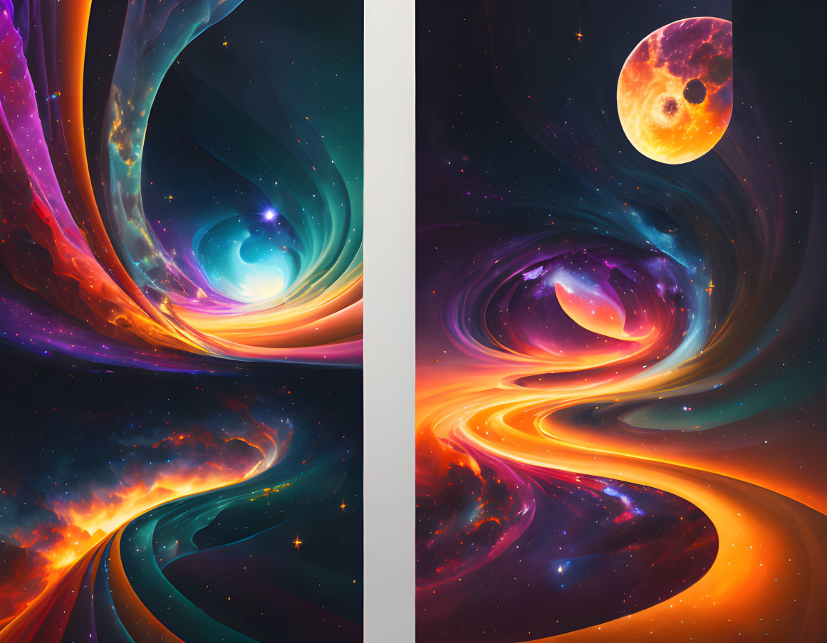 Colorful digital artwork depicting swirling galaxies, stars, and a vibrant planet in space