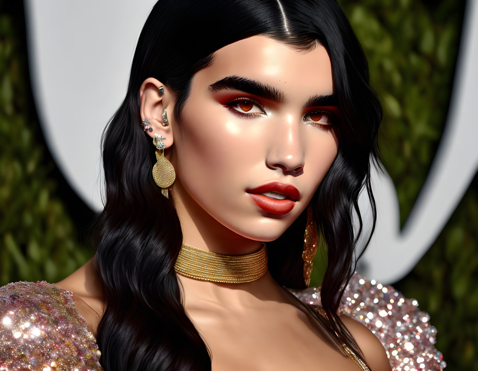 Dark-haired woman in red lipstick and sparkly dress with gold jewelry.