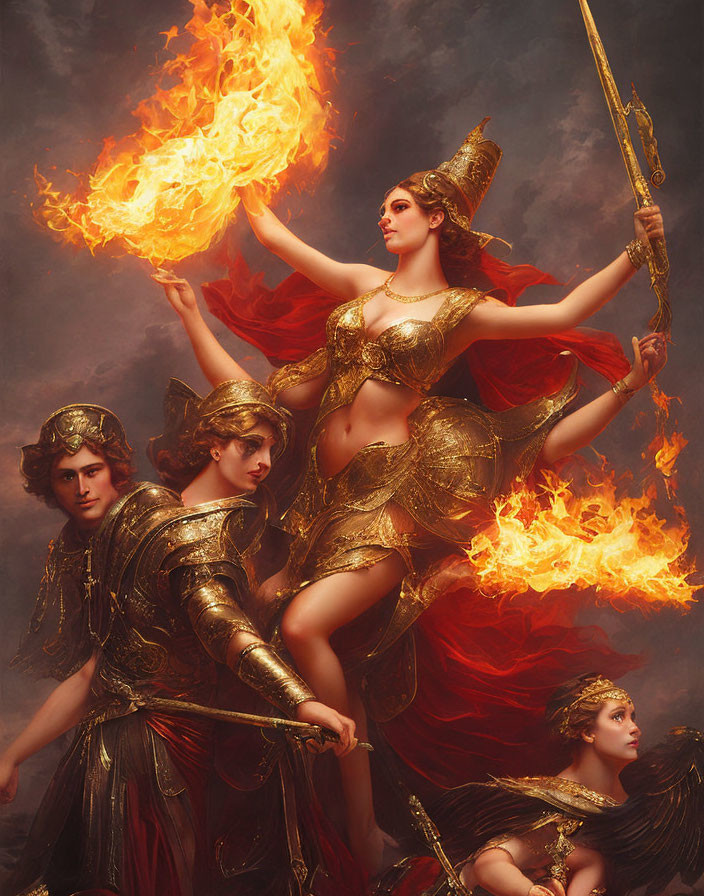 Regal figure in golden armor with torch, flanked by companions