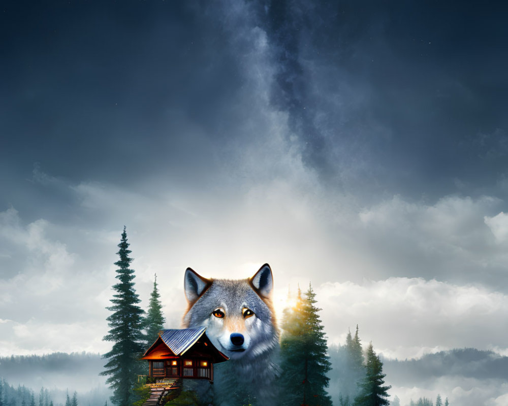 Composite Image: Cabin in Misty Forest with Giant Wolf Head in Starry Sky