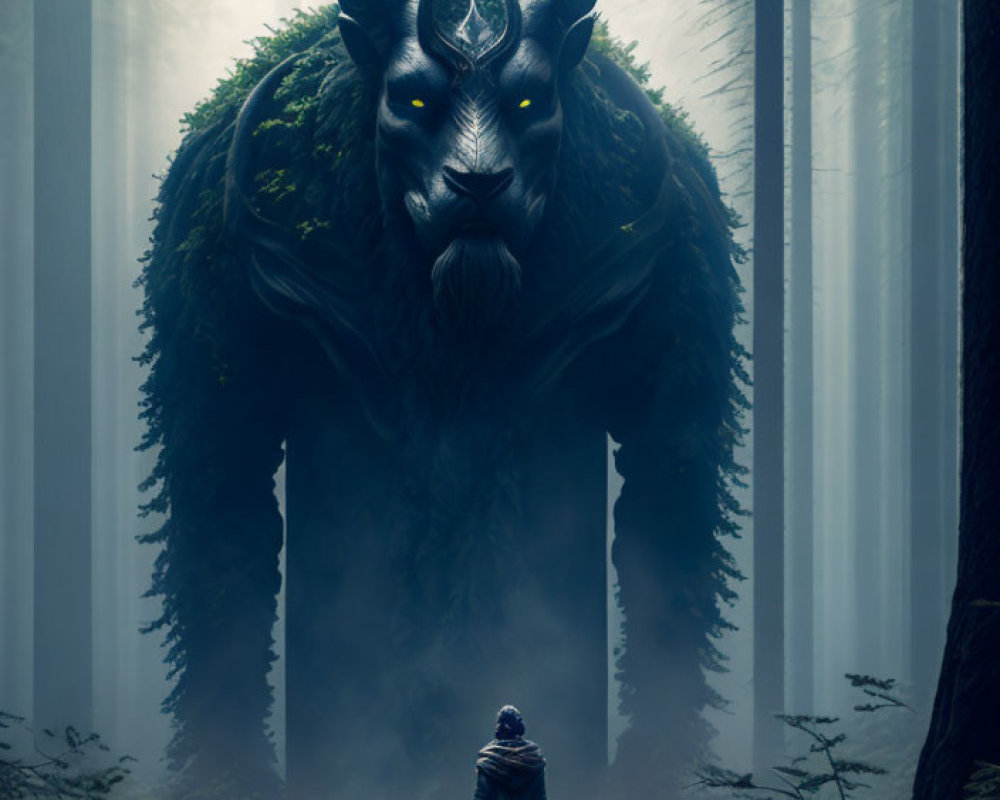 Cloaked figure encounters mystical beast in forest path