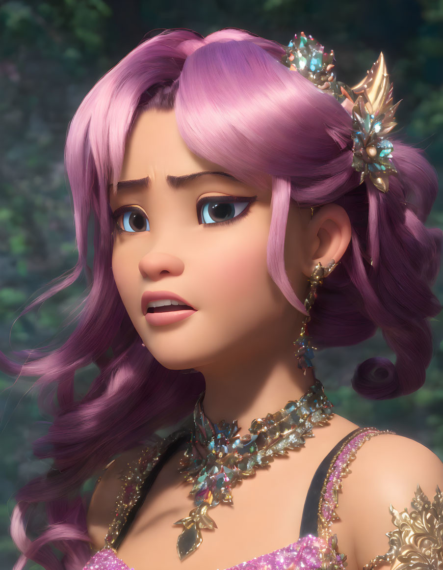 3D-rendered princess with pink hair and golden tiara in forest scene