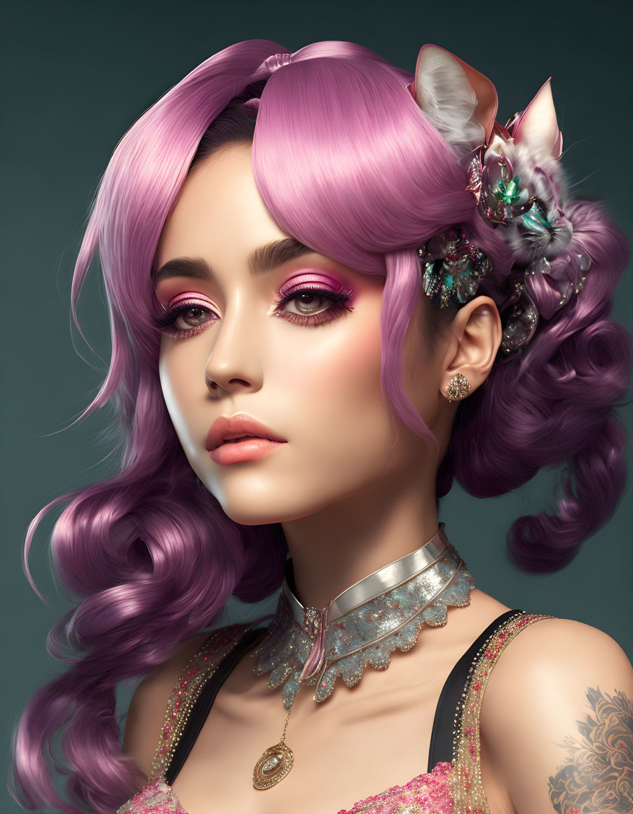 Digital art portrait of female with purple hair, cat-like ears, striking makeup, jewelry, and shoulder