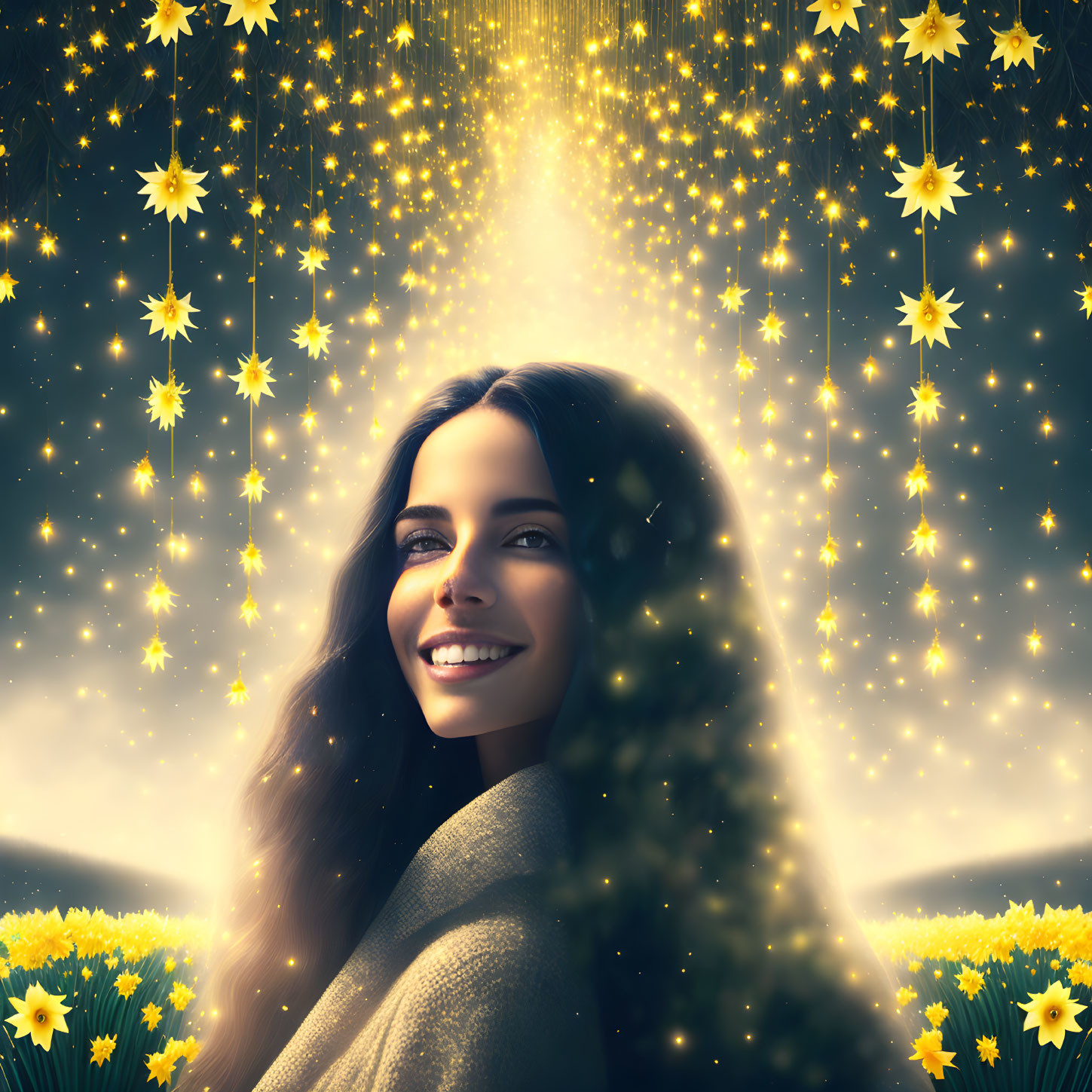 Smiling woman in surreal starry scene with floating flowers