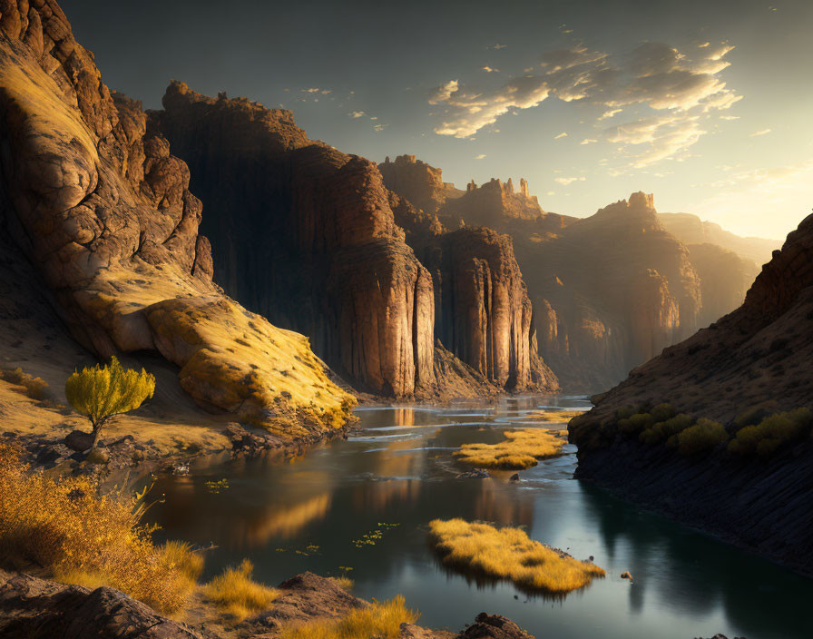 Tranquil river in rugged canyon at sunset with lone tree