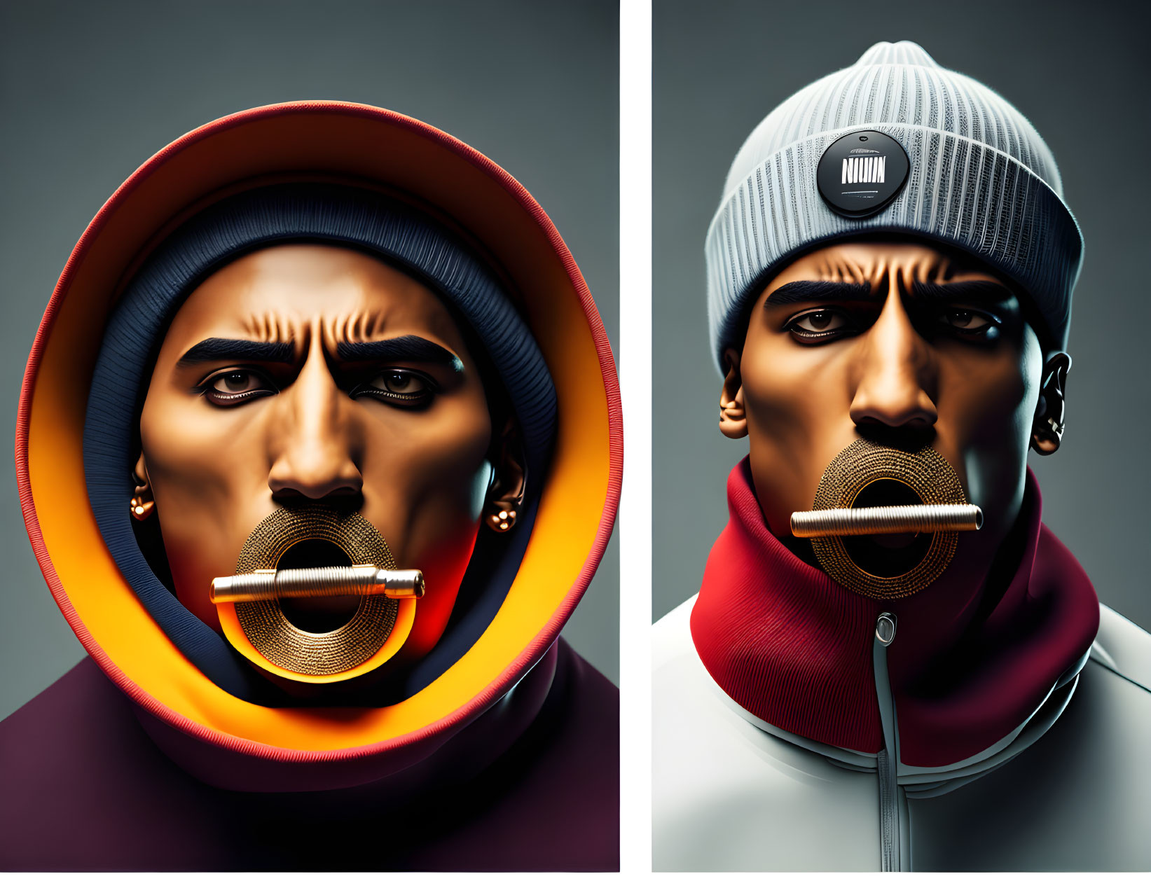 Two digital portraits of a man with distinct facial features, one in a colorful hoodie and the other in