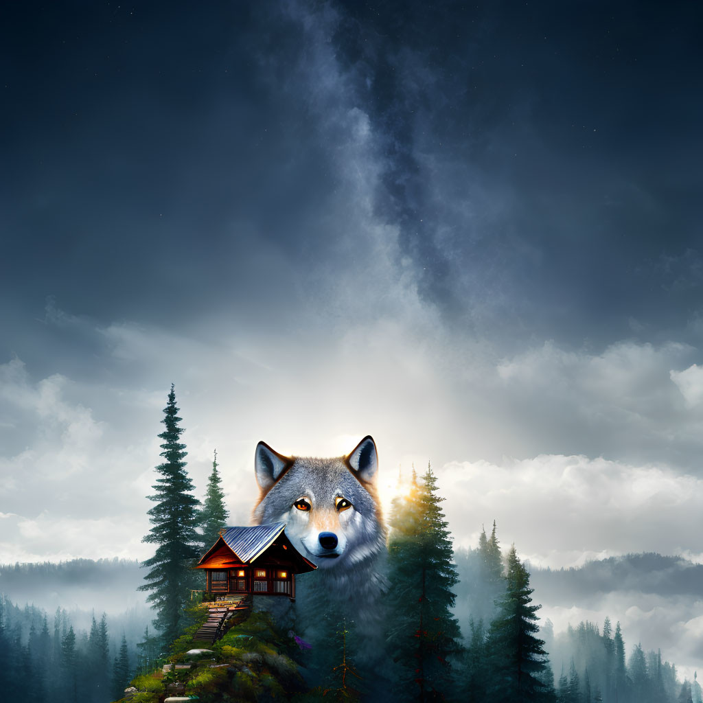 Composite Image: Cabin in Misty Forest with Giant Wolf Head in Starry Sky