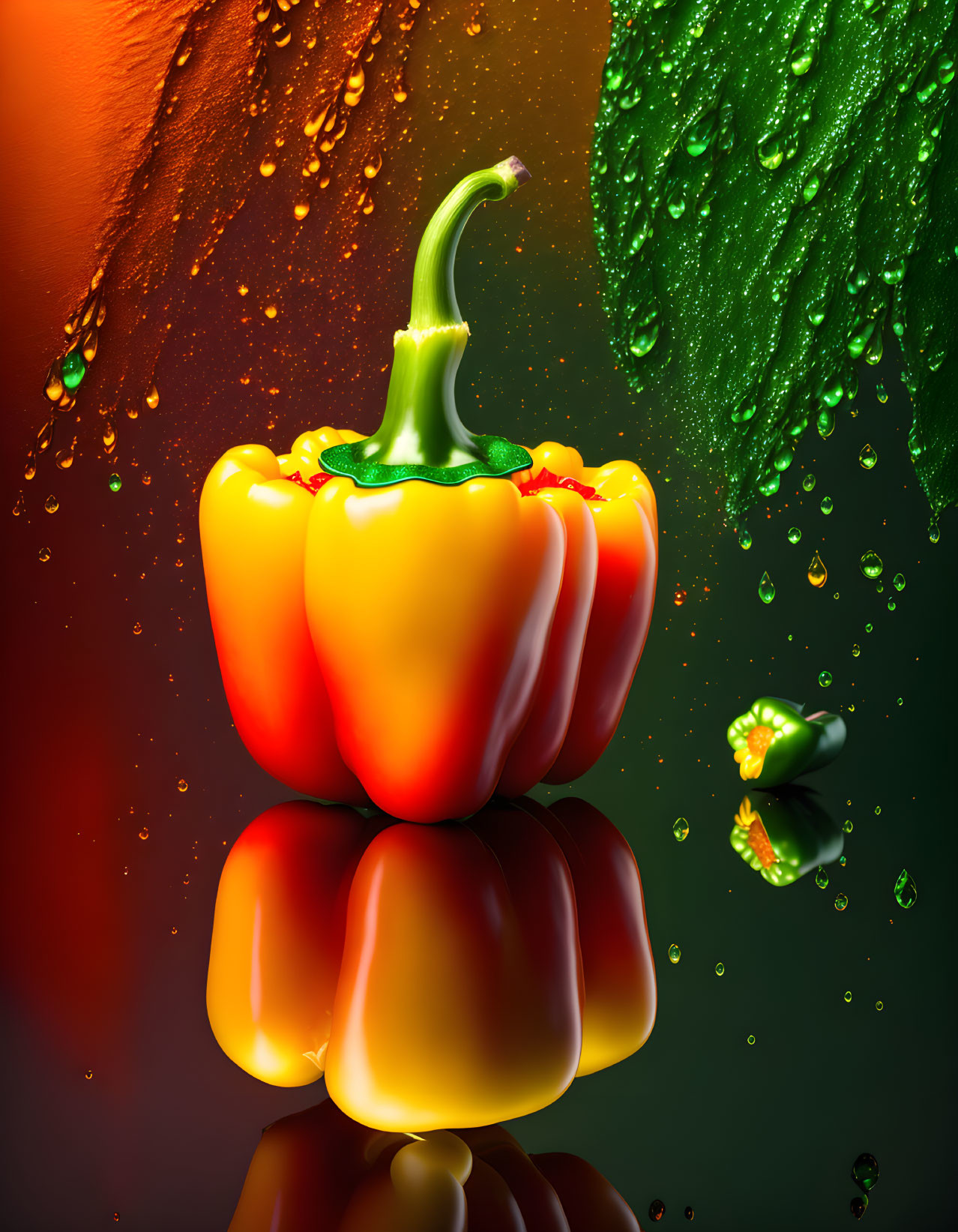 Colorful capsicum with reflection on dual-toned backdrop and water droplets.