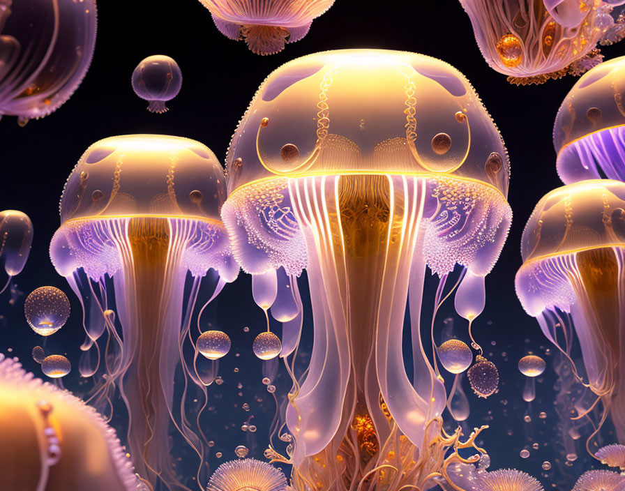 Intricate bioluminescent jellyfish in mystical underwater scene