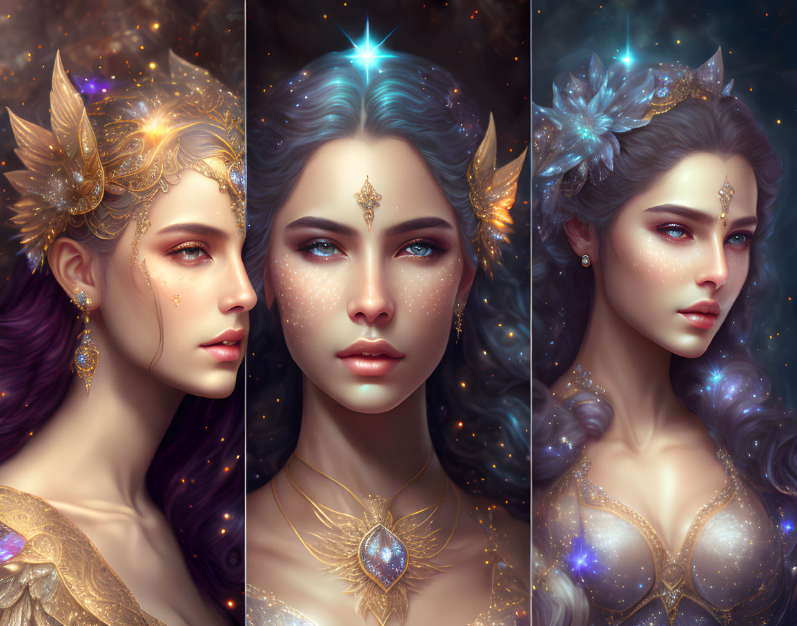 Fantasy Woman Portraits with Cosmic Makeup and Golden Headdresses