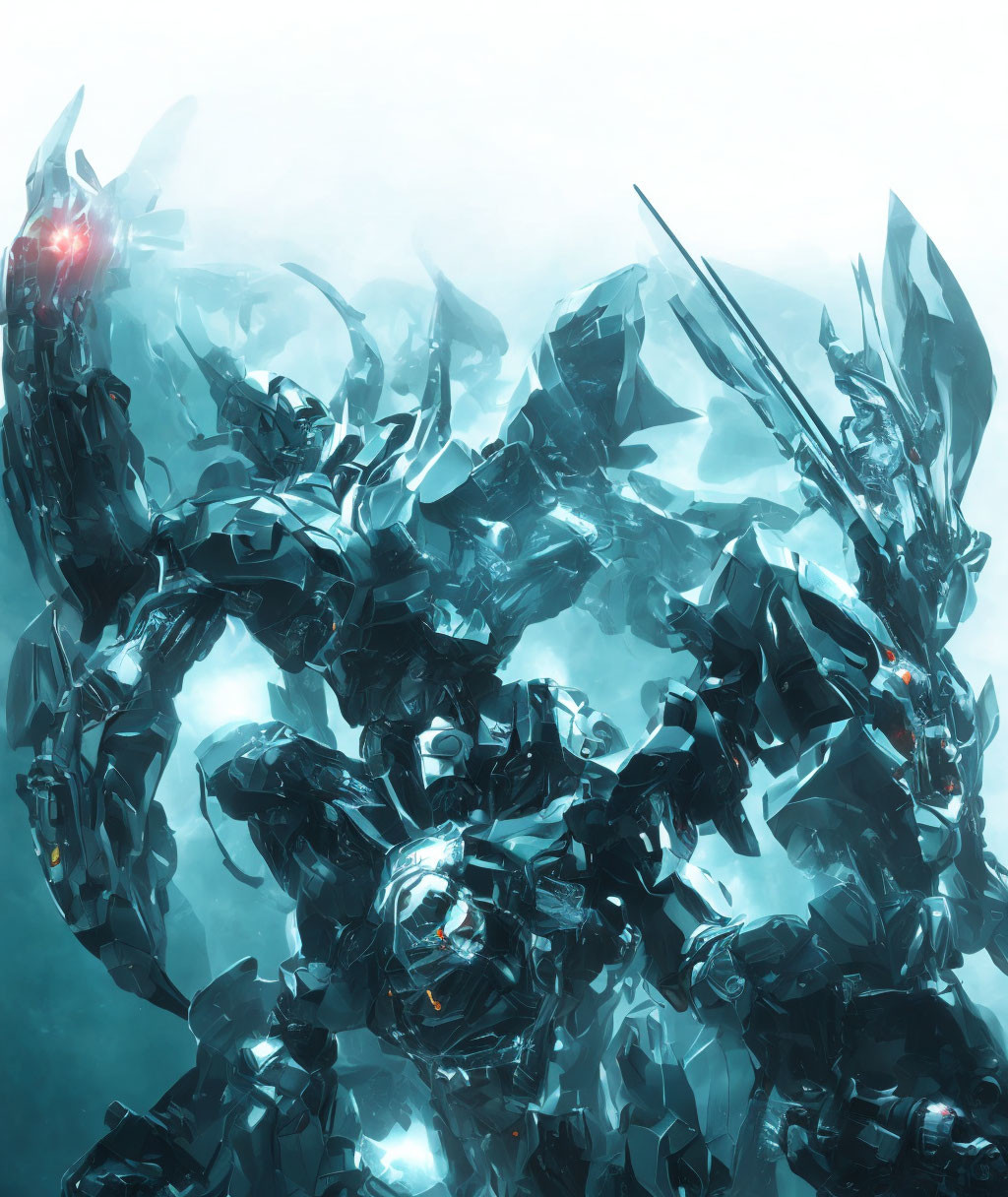 Glowing red-eyed mech emerges from aqua mist with sharp armor plates