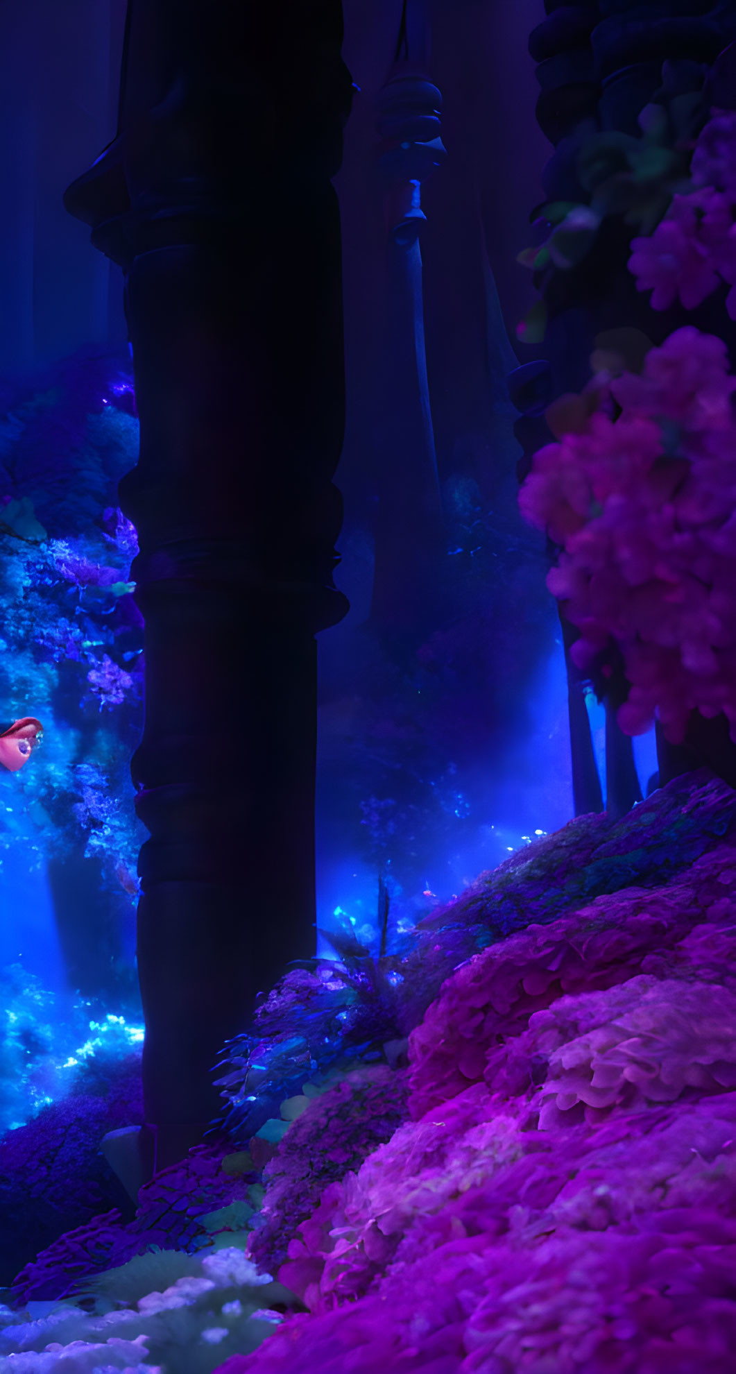 Colorful Forest with Pink and Purple Flora and Shadowy Figure