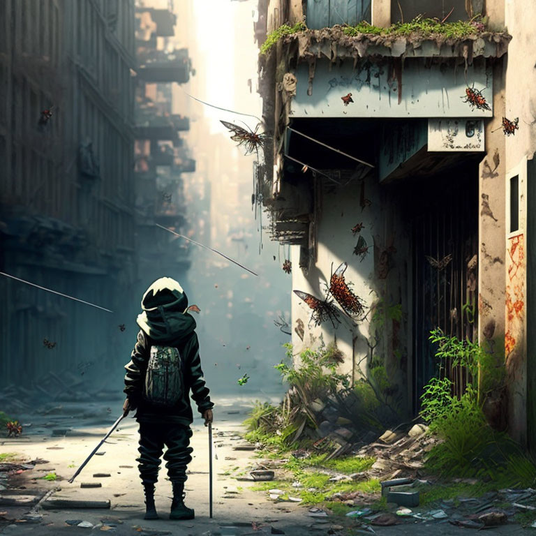 Child in gas mask and helmet observes insects in a post-apocalyptic scene