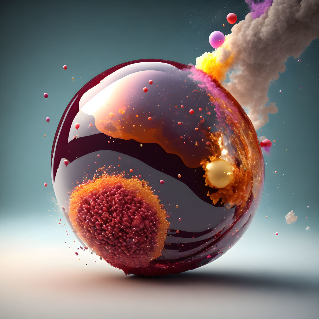 Colorful 3D-rendered sphere bursting with textures and particles