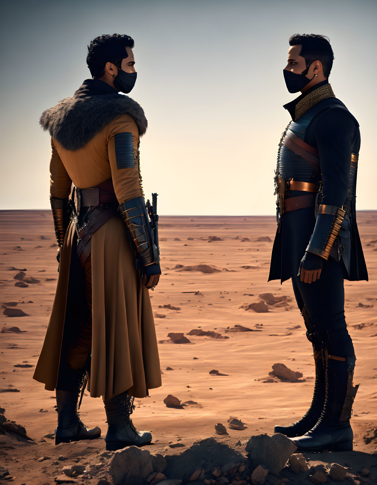 Futuristic desert warriors in masks and arm guards against barren desert landscape