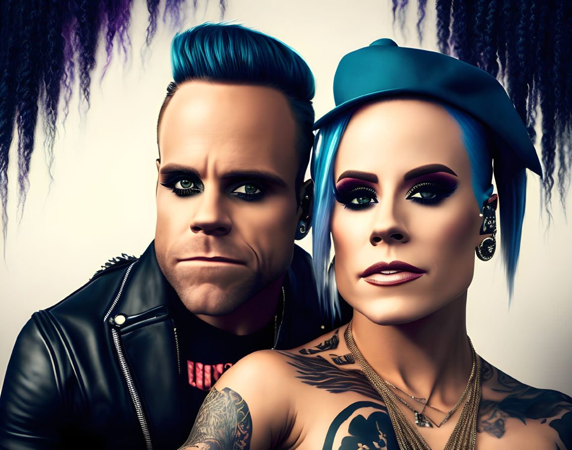 Vibrant hair and tattoos on man and woman in punk-rock style