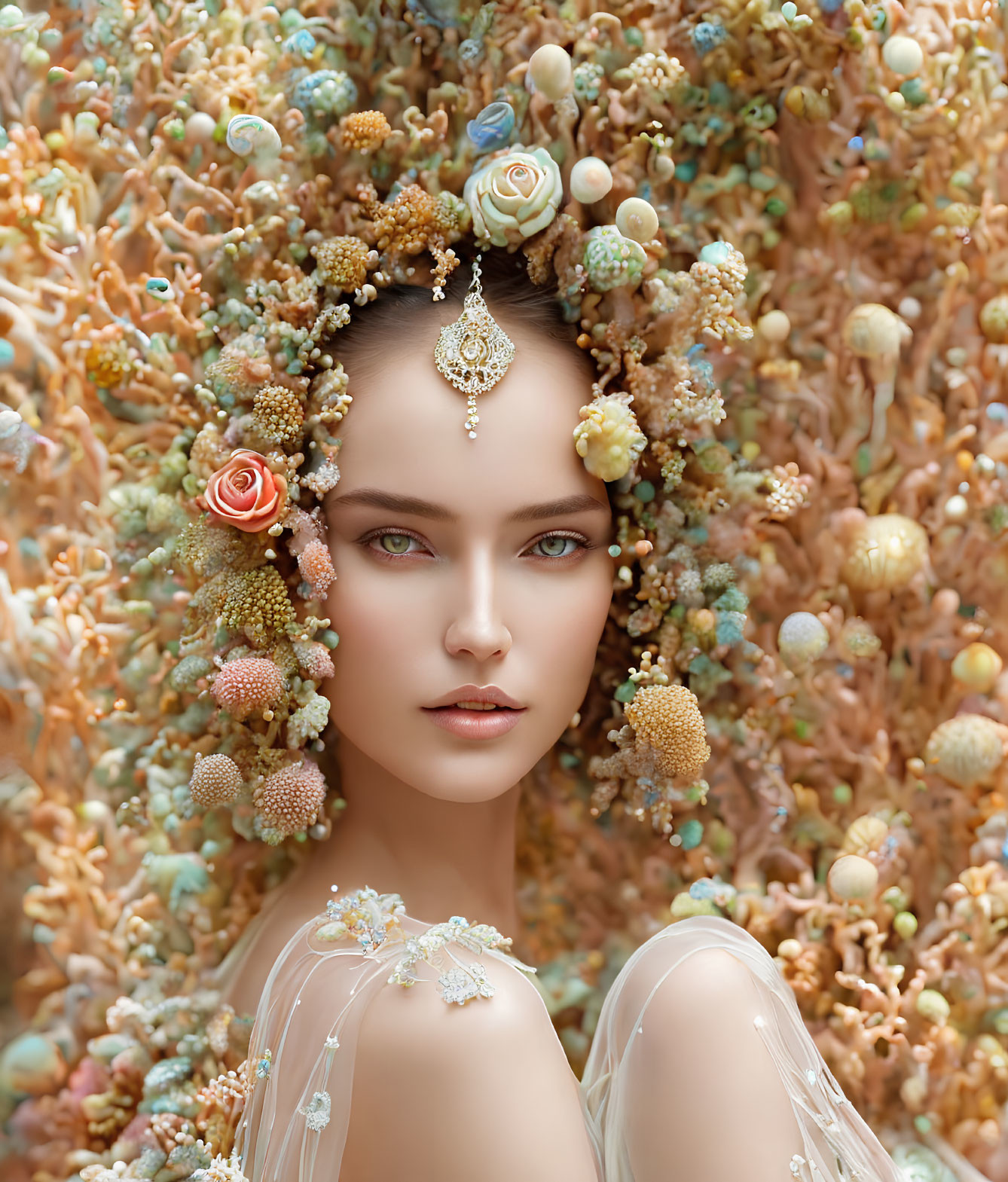 Woman with Coral-like Embellishments and Jeweled Headpiece on Textured Background