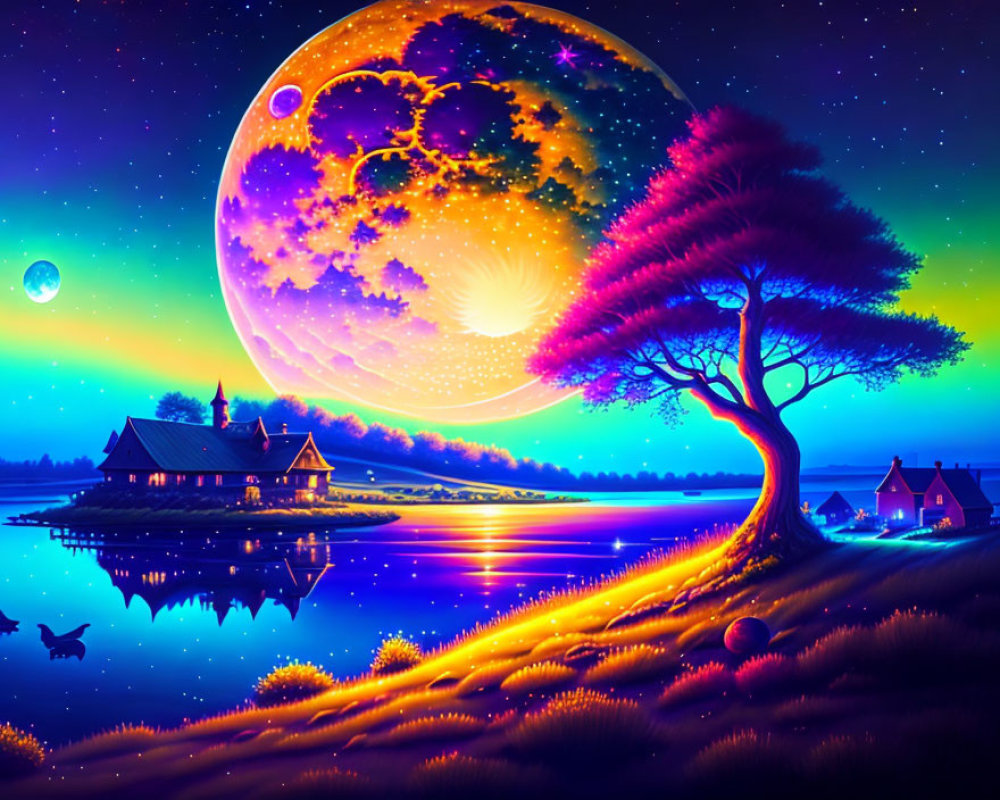 Detailed digital art: lakeside house, moon, luminous tree, colorful reflections