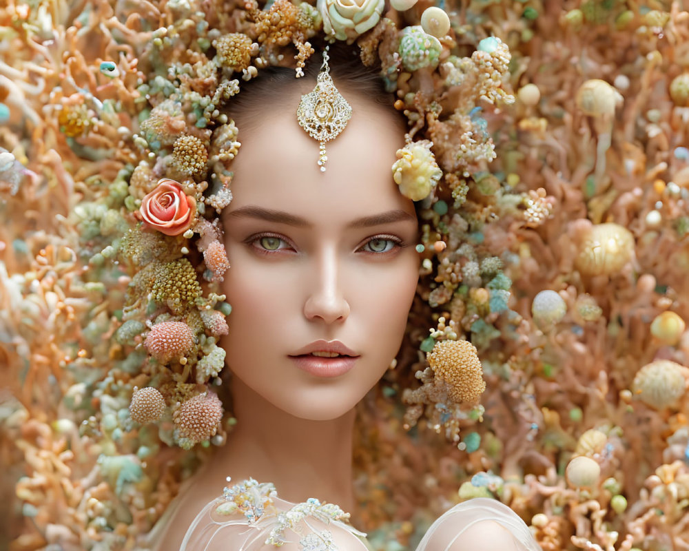 Woman with Coral-like Embellishments and Jeweled Headpiece on Textured Background