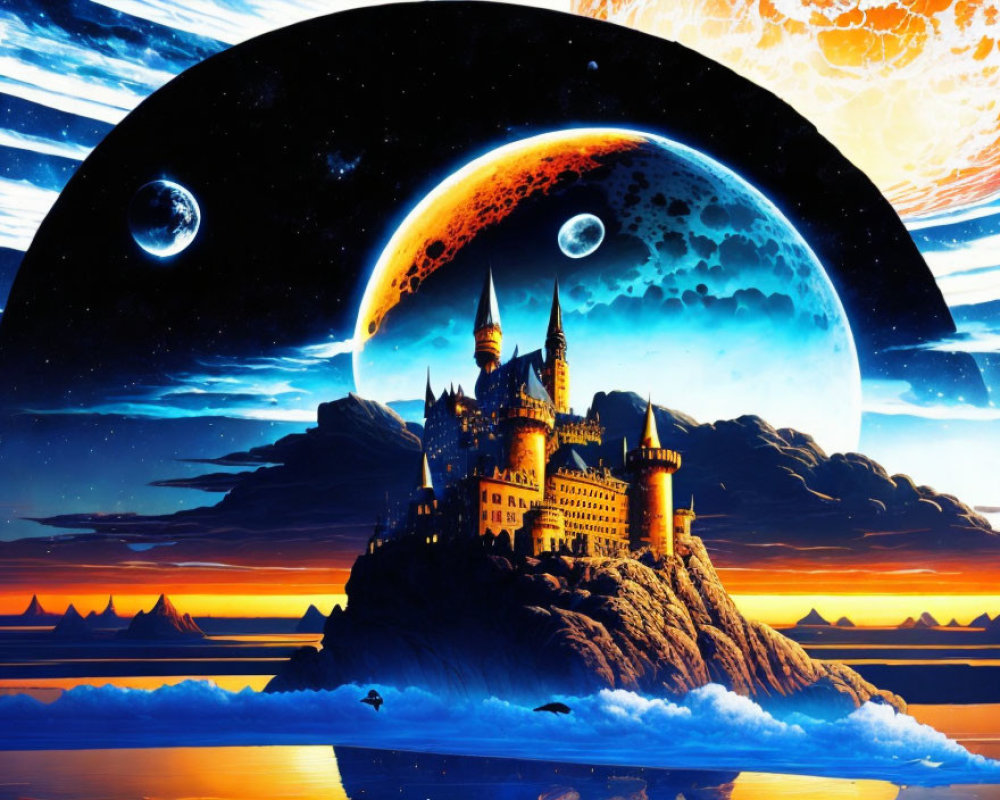 Fantasy landscape with castle on island, planets, stars, fiery nebula