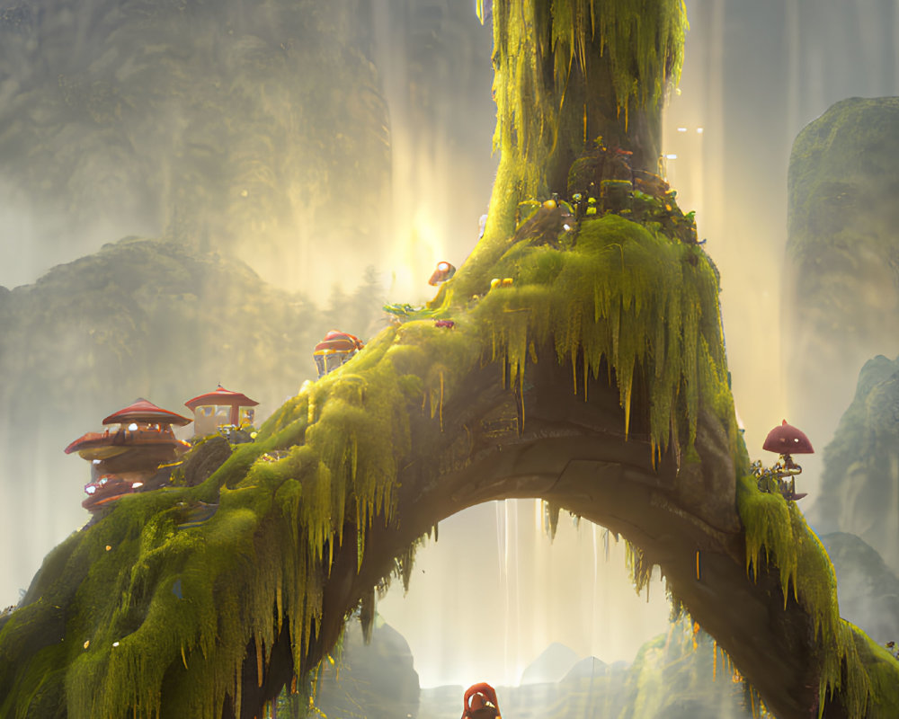 Character meditating under mossy archway with waterfalls and misty mountains