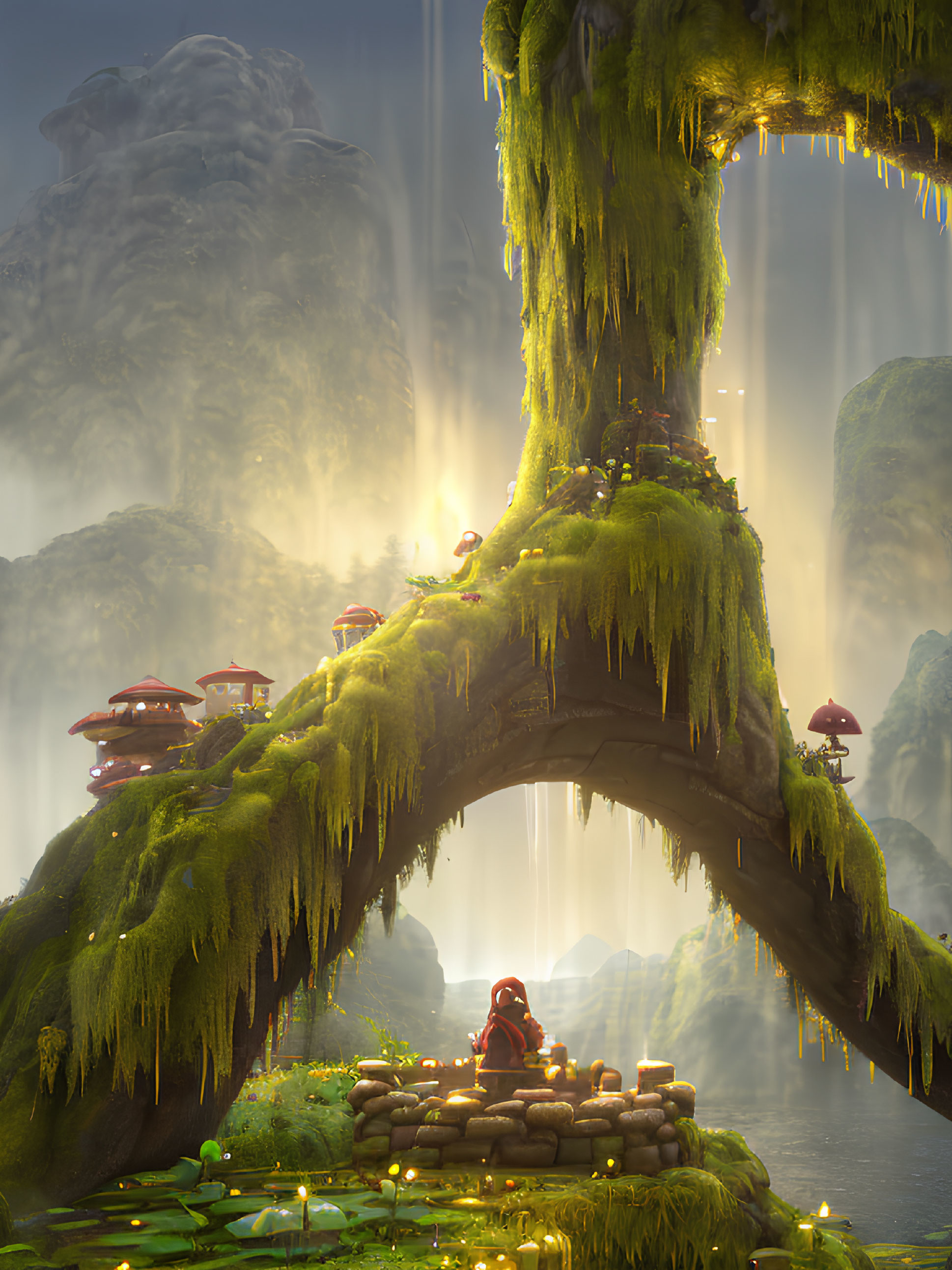 Character meditating under mossy archway with waterfalls and misty mountains