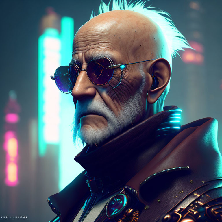 Elderly man in futuristic attire with neon mohawk and sunglasses