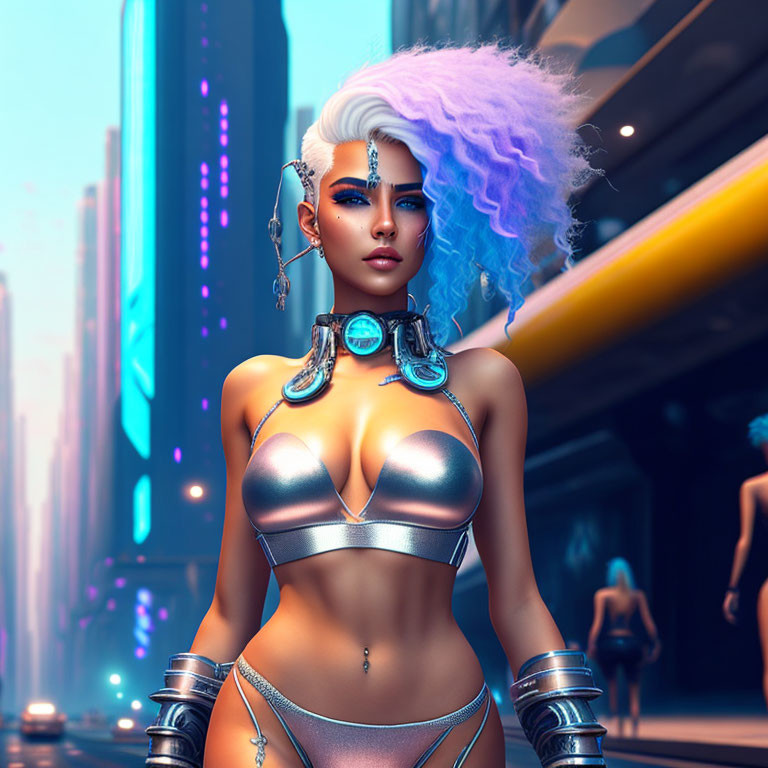 Futuristic woman with white and purple hair and cybernetic enhancements in neon-lit cityscape