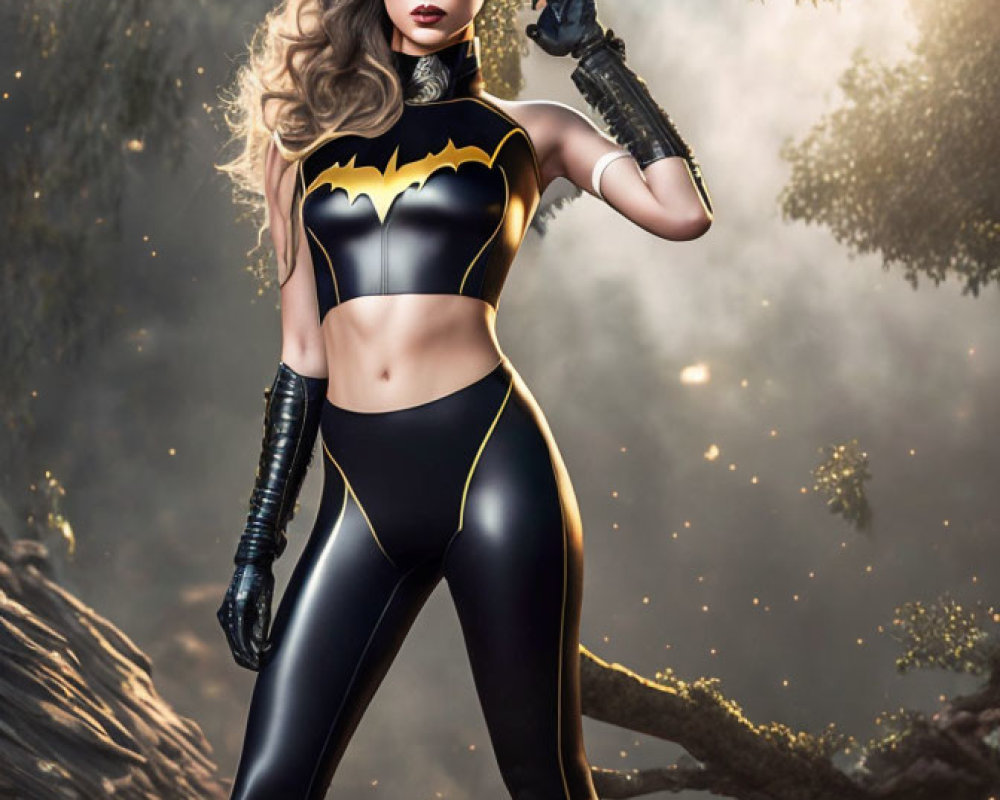 Batgirl costume with gold bat emblem in misty forest