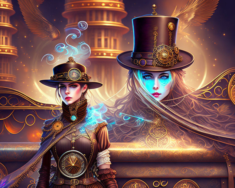 Two women in ornate steampunk attire with cogwheel-adorned hats in mystical gear-l