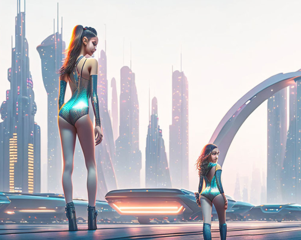 Futuristic cityscape with women in futuristic attire reflecting