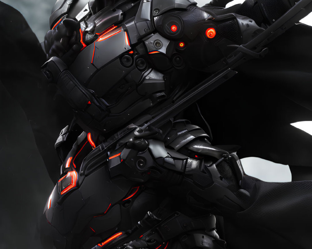 Futuristic black armored robot with red lights against misty mountainous backdrop