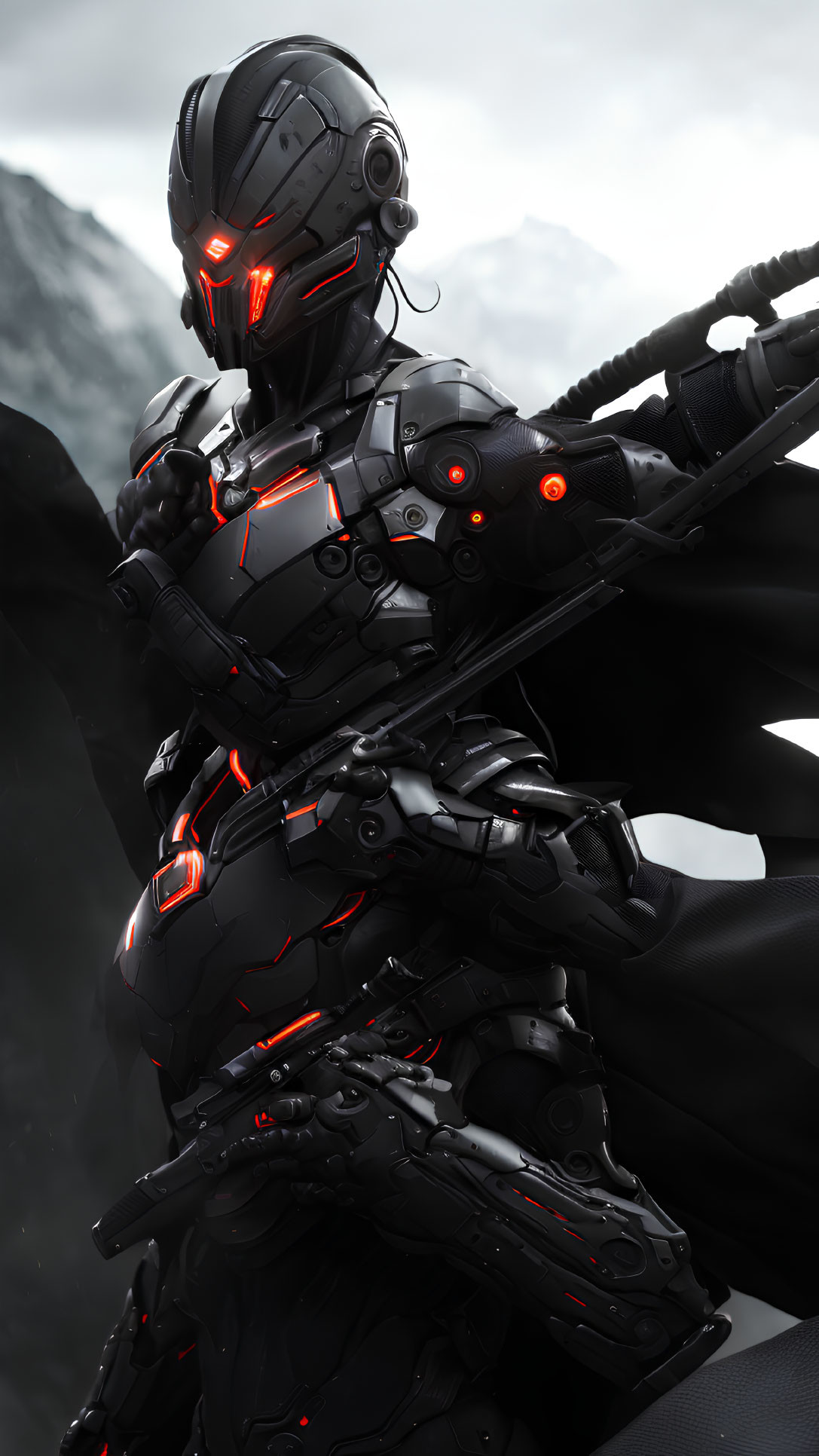 Futuristic black armored robot with red lights against misty mountainous backdrop