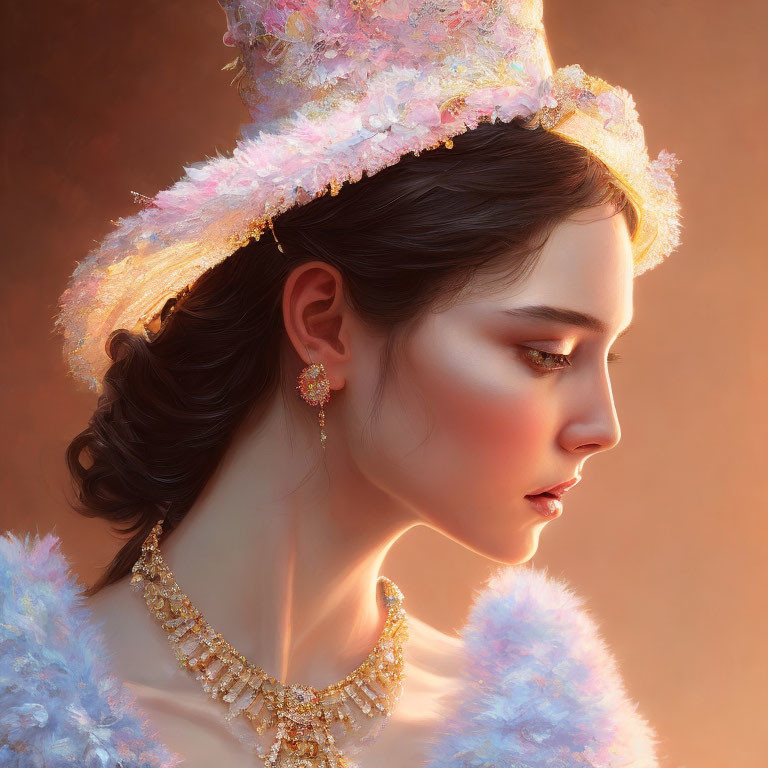 Profile portrait of woman with ornate hat and elegant jewelry in warm ambiance