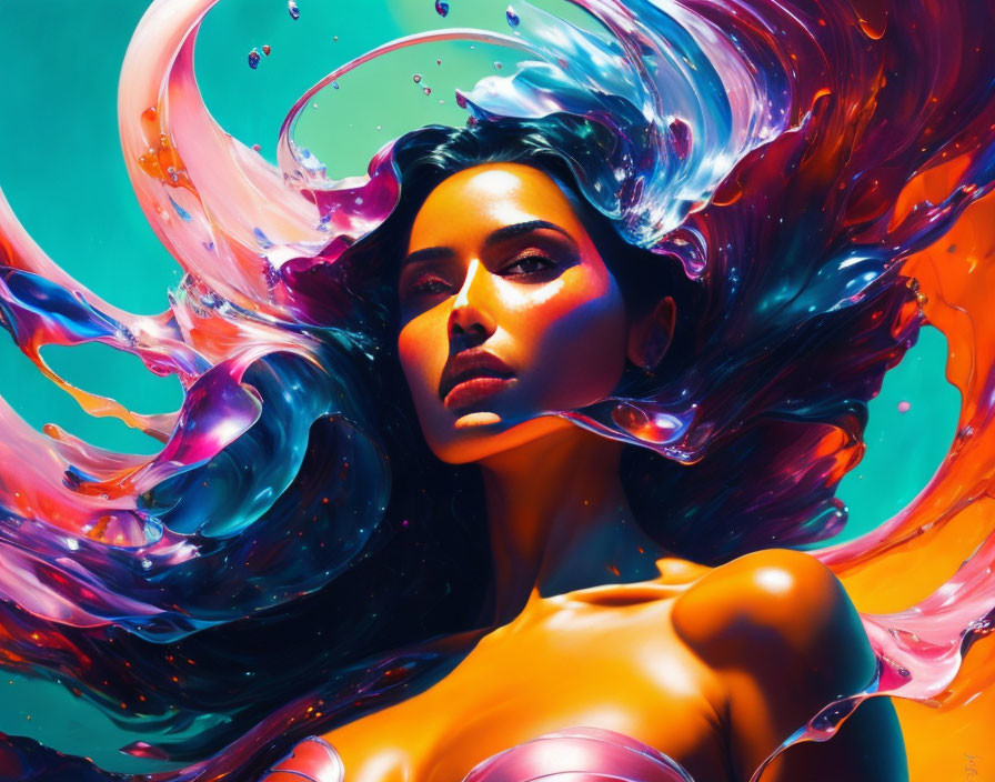 Colorful surreal portrait of a woman in swirling liquid forms on teal background