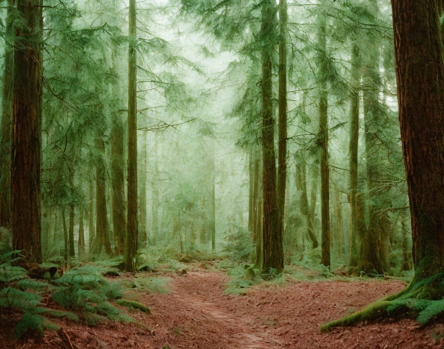 Lush Green Forest with Tall Trees and Ferns on Trail