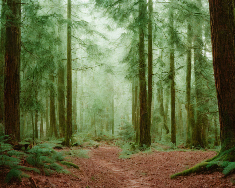 Lush Green Forest with Tall Trees and Ferns on Trail