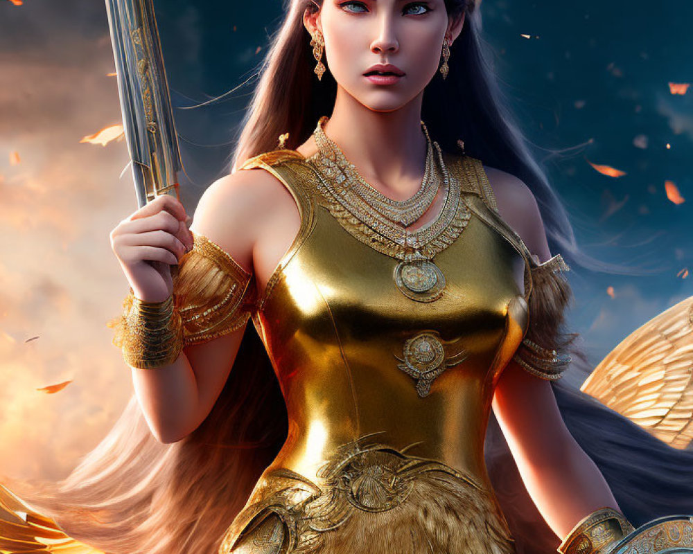 Warrior woman in golden armor with sword and shield in fiery setting